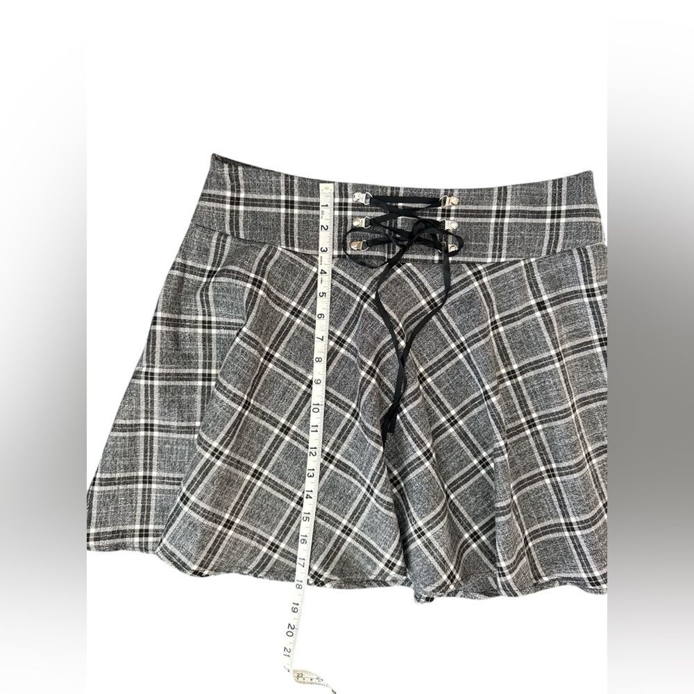 Gray Black Plaid Mini Skirt XL Lace Up Waist Schoolgirl Y2K Aesthetic Skirt - Picture 5 of 7